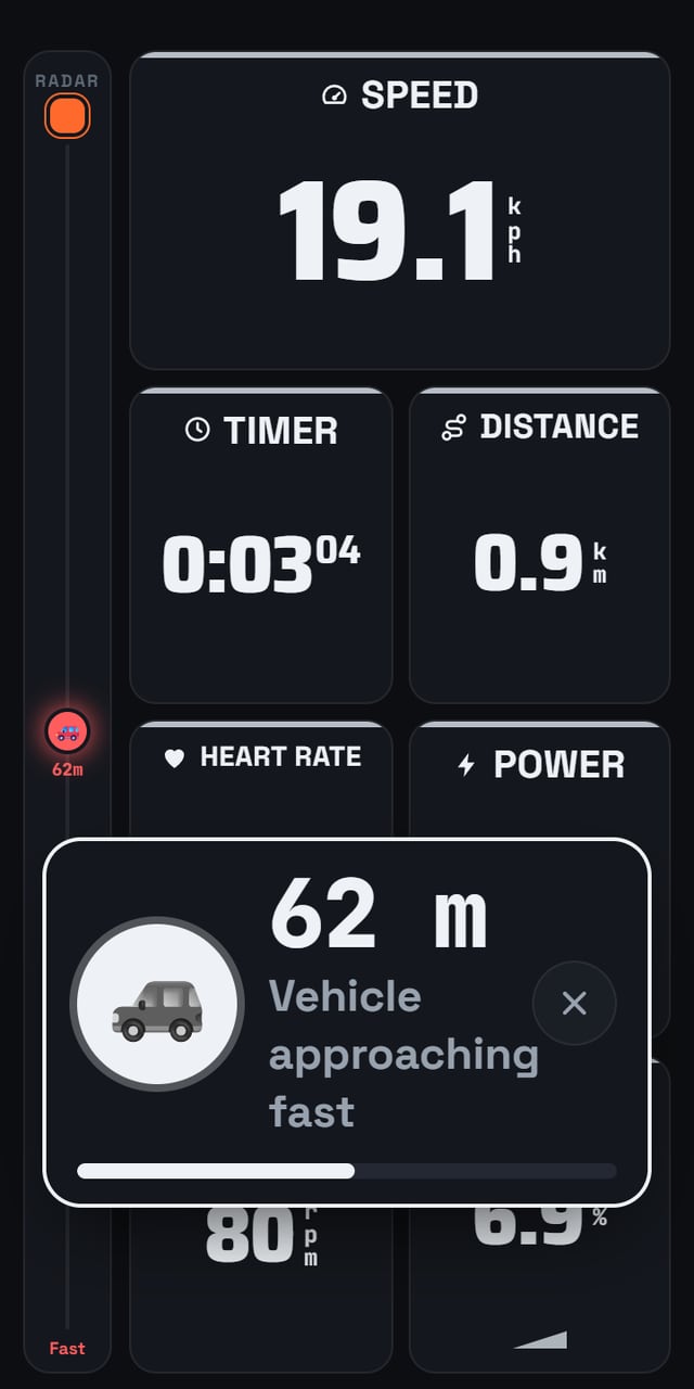 The live ride screen with a car marked 62 metres back on the radar rail and a 'Vehicle approaching fast' banner
