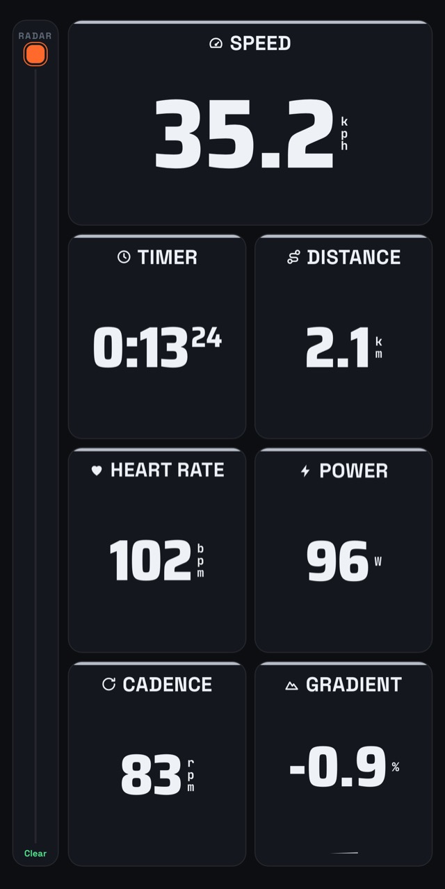 The live ride hero page showing speed 35.2 km/h, timer, distance, heart rate, power, cadence and gradient, with the radar rail on the left