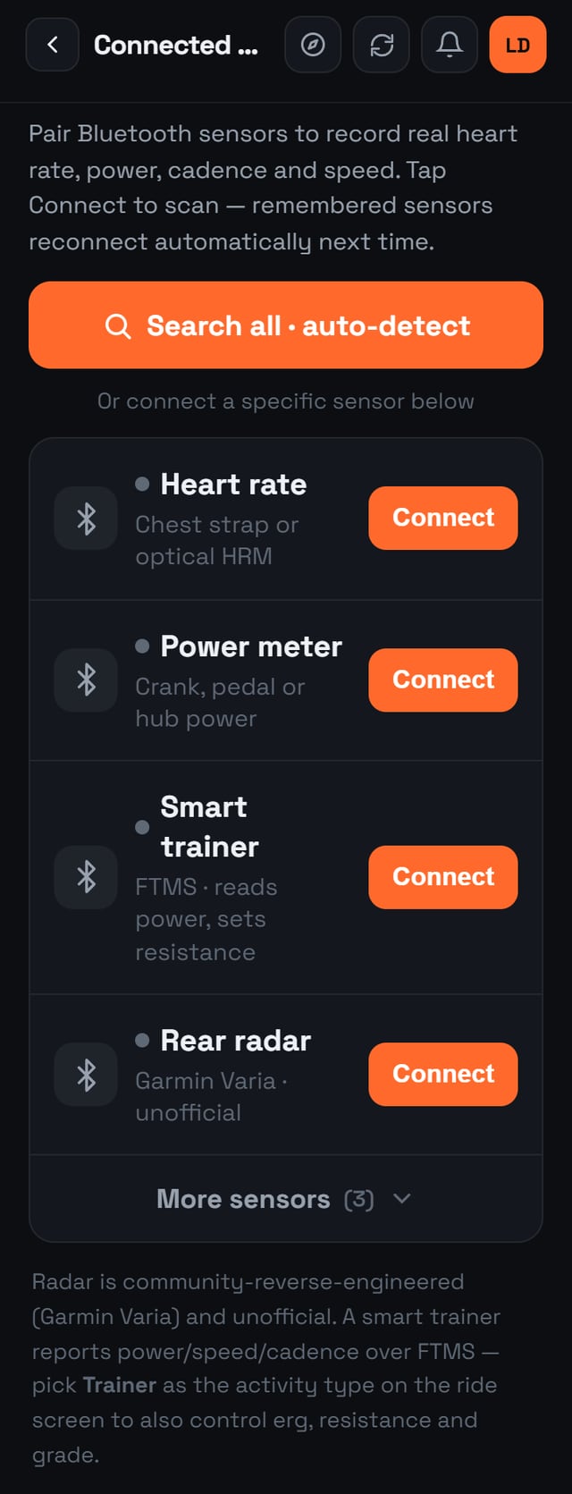 The Connected sensors screen with Heart rate, Power meter, Smart trainer and Rear radar rows and a Search all button
