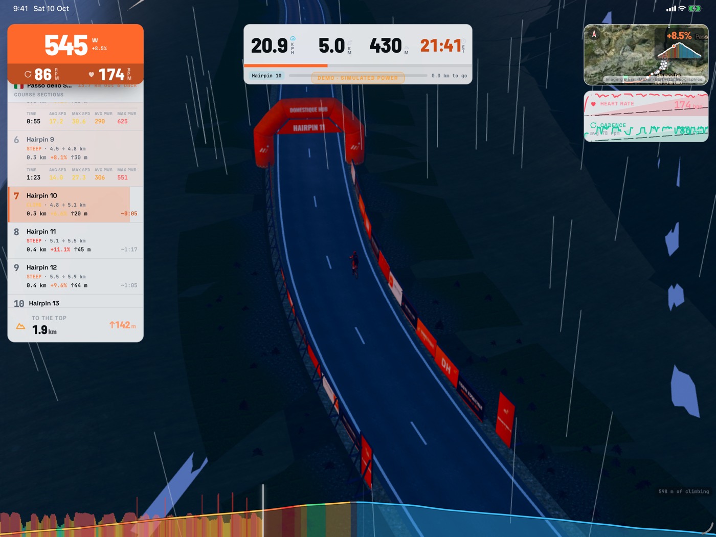 Riding a Dolomite climb in 3D on iPad, with the hairpin sections listed beside the road