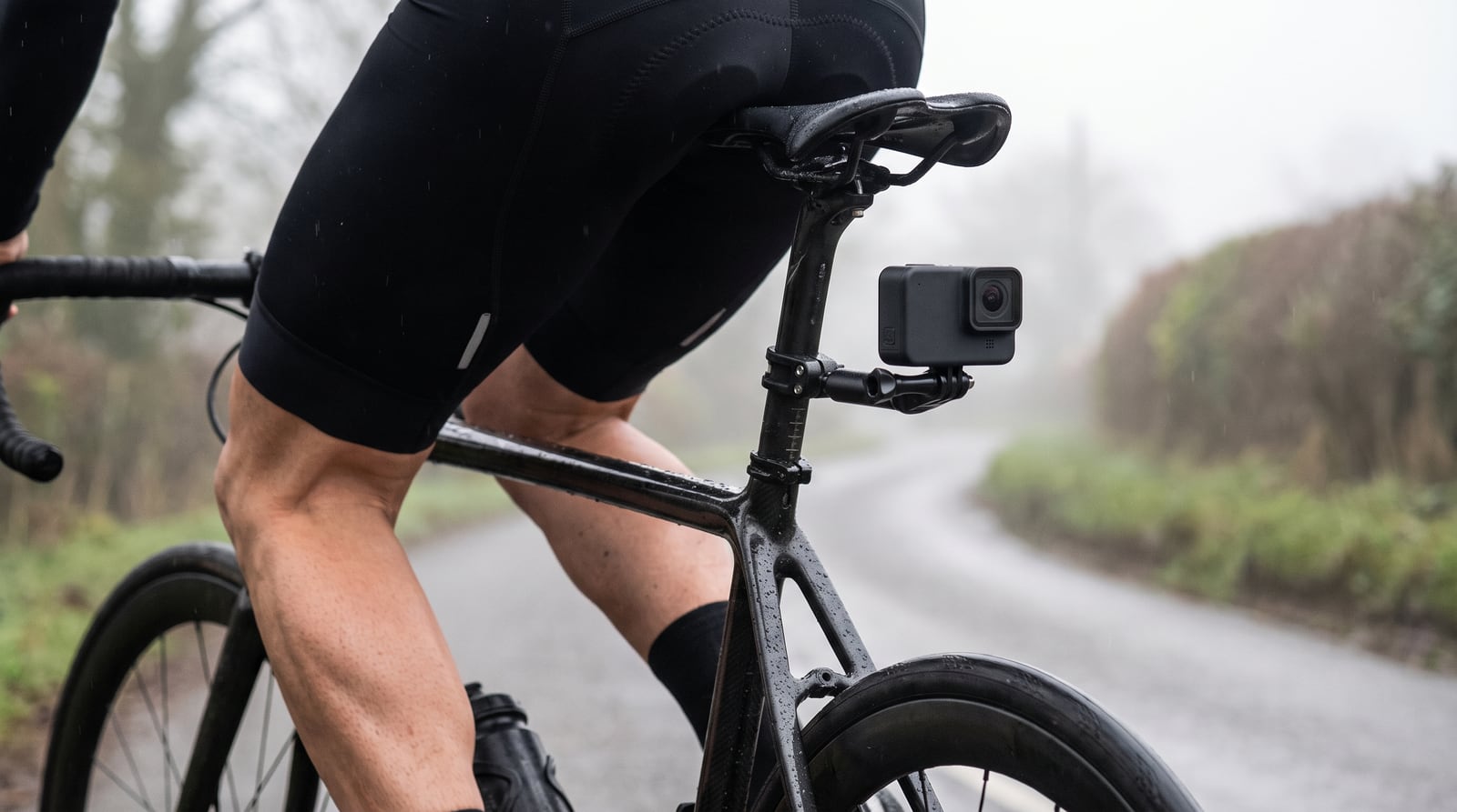 A small box-shaped action camera on a seatpost mount pointing back down a country road