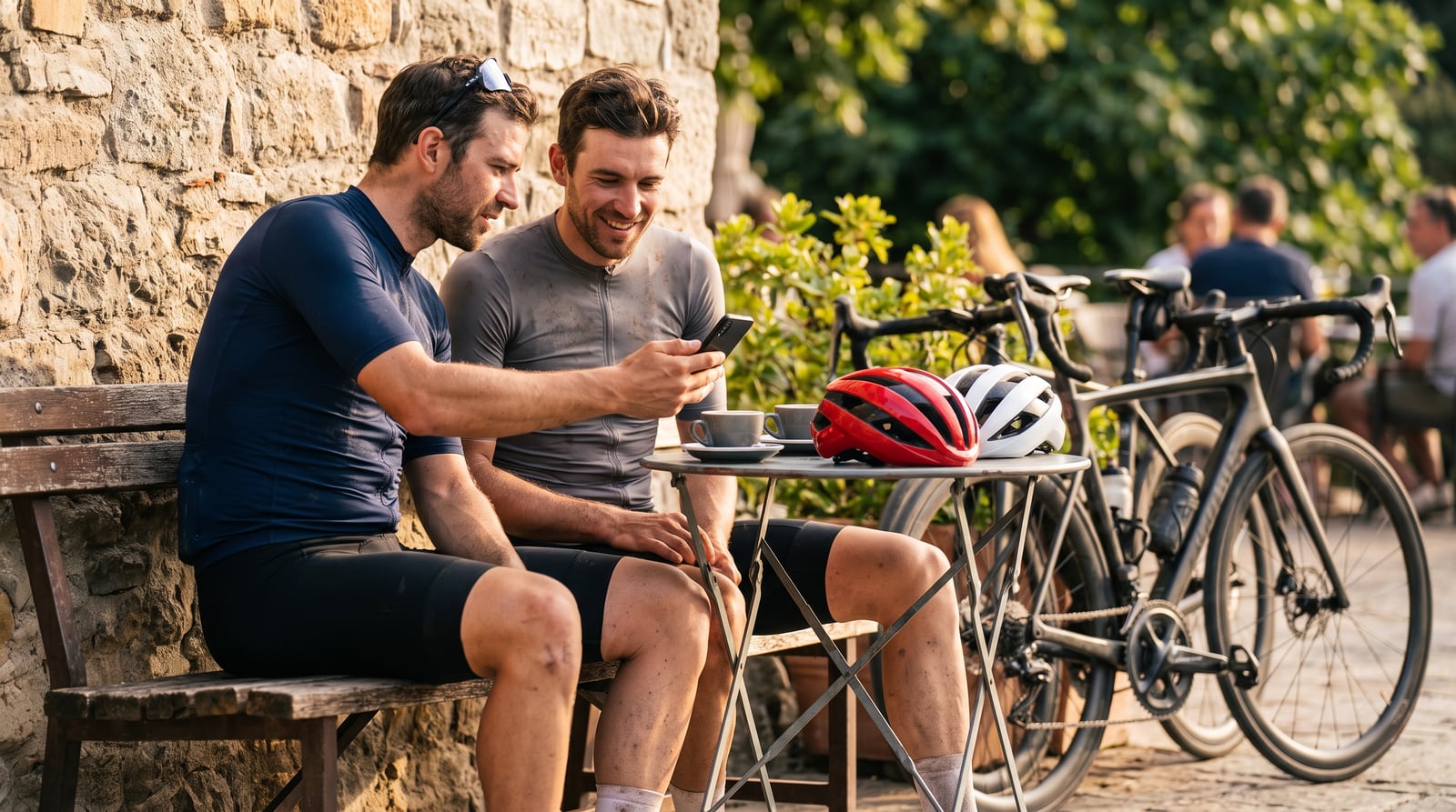 Two cyclists at a cafe table after a ride looking at a phone, bikes behind them