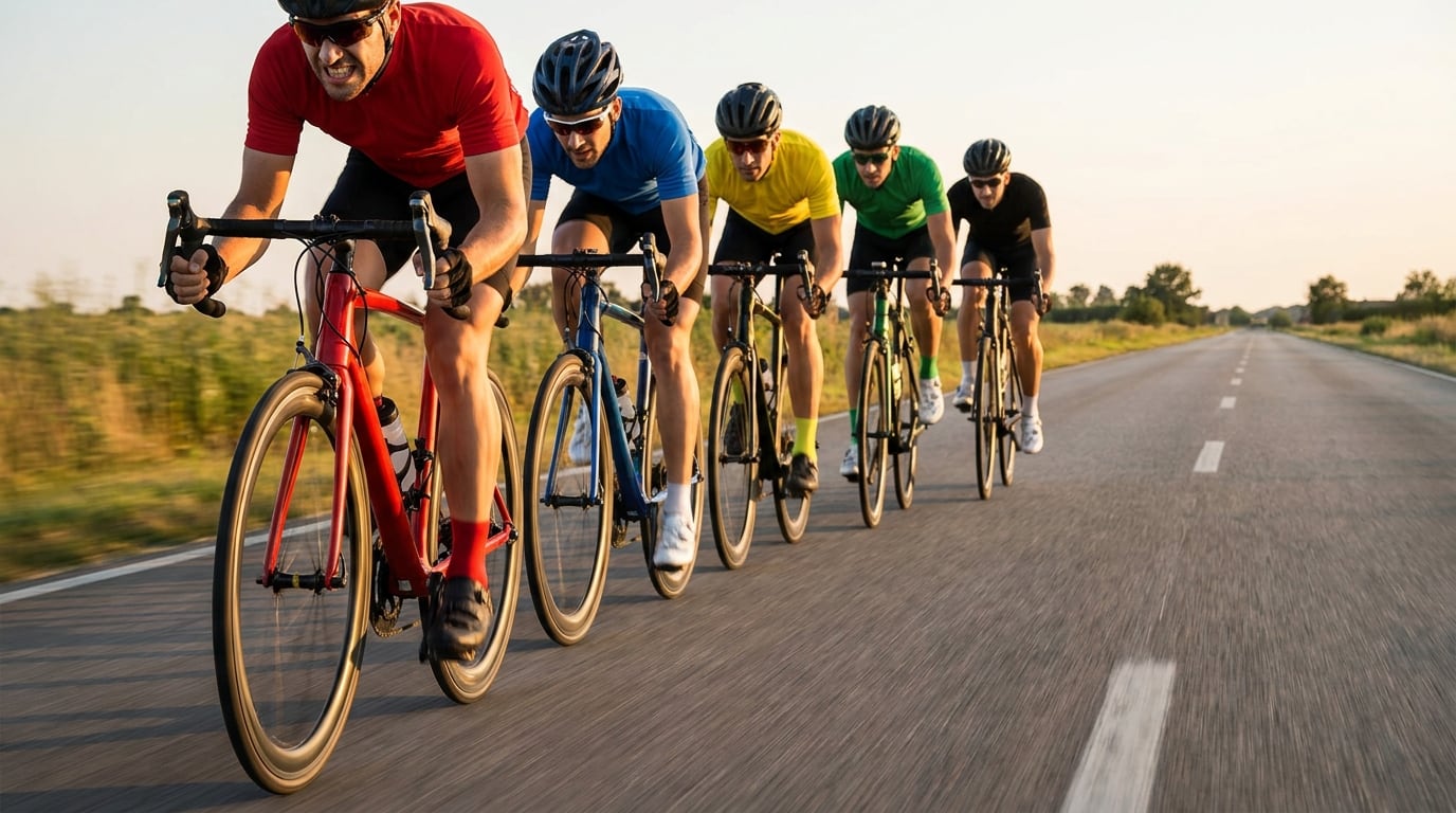 Five road cyclists in a tight paceline on a rural road, the lead rider working on the front