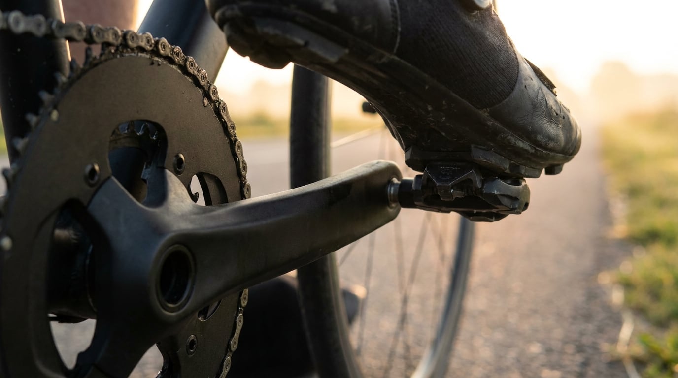 Close-up of a road bike crank and a cycling shoe clipped into the pedal mid stroke