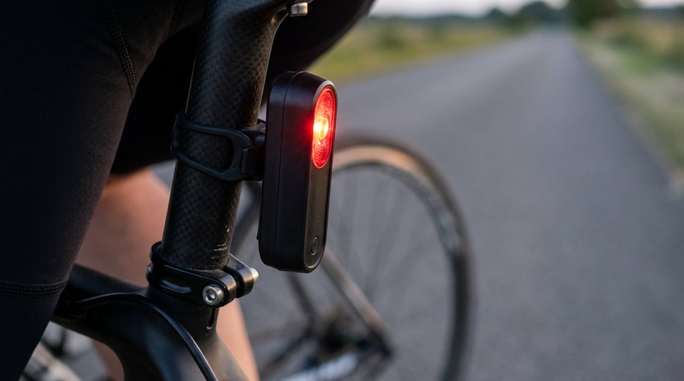 Close-up of a rear radar tail light glowing red on a road bike seatpost