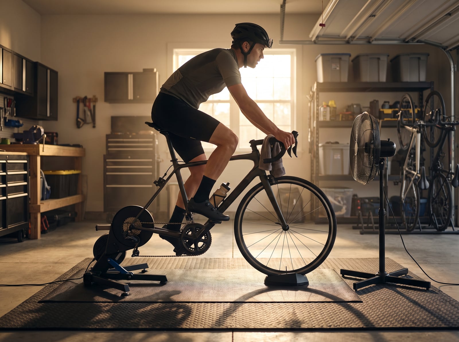 A cyclist riding hard on a smart trainer in a home garage with a fan and a towel on the bars