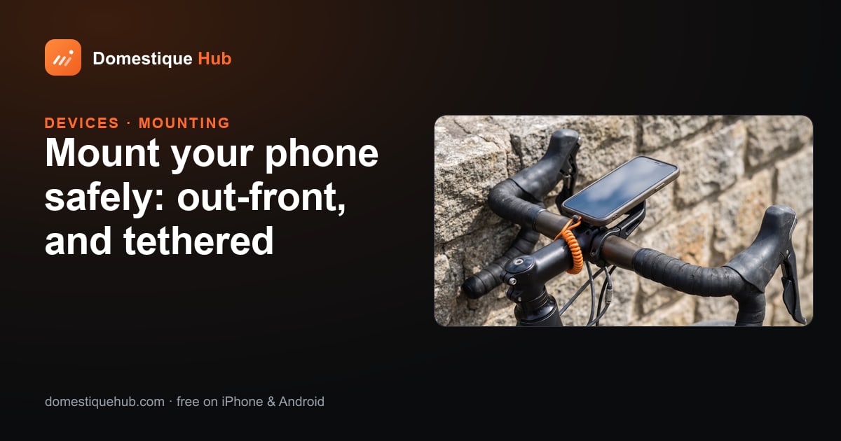 A phone on an out-front mount with a safety tether